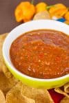 Roasted Mango-Habanero Salsa in a bowl, ready to servve
