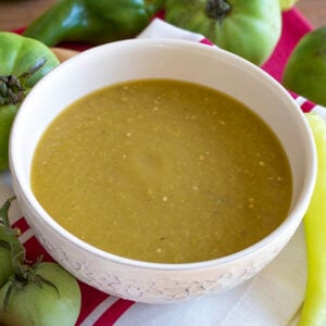 Fresh Green Tomato-Chili Pepper Sauce served in a white bowl