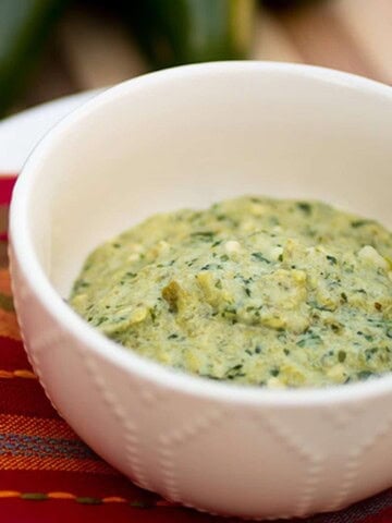 Roasted Jalapeno Pepper Sauce in a white bowl.