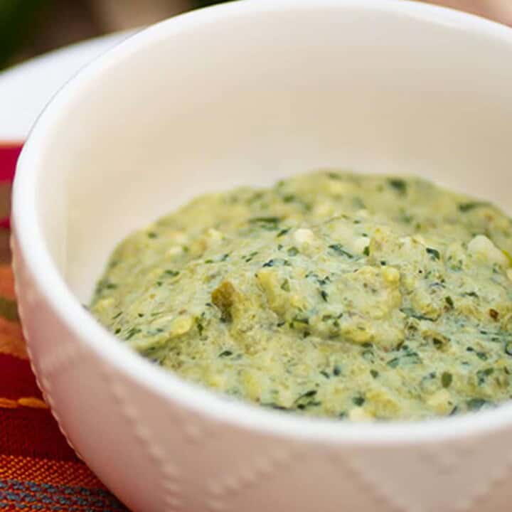 Roasted Jalapeno Pepper Sauce in a white bowl.