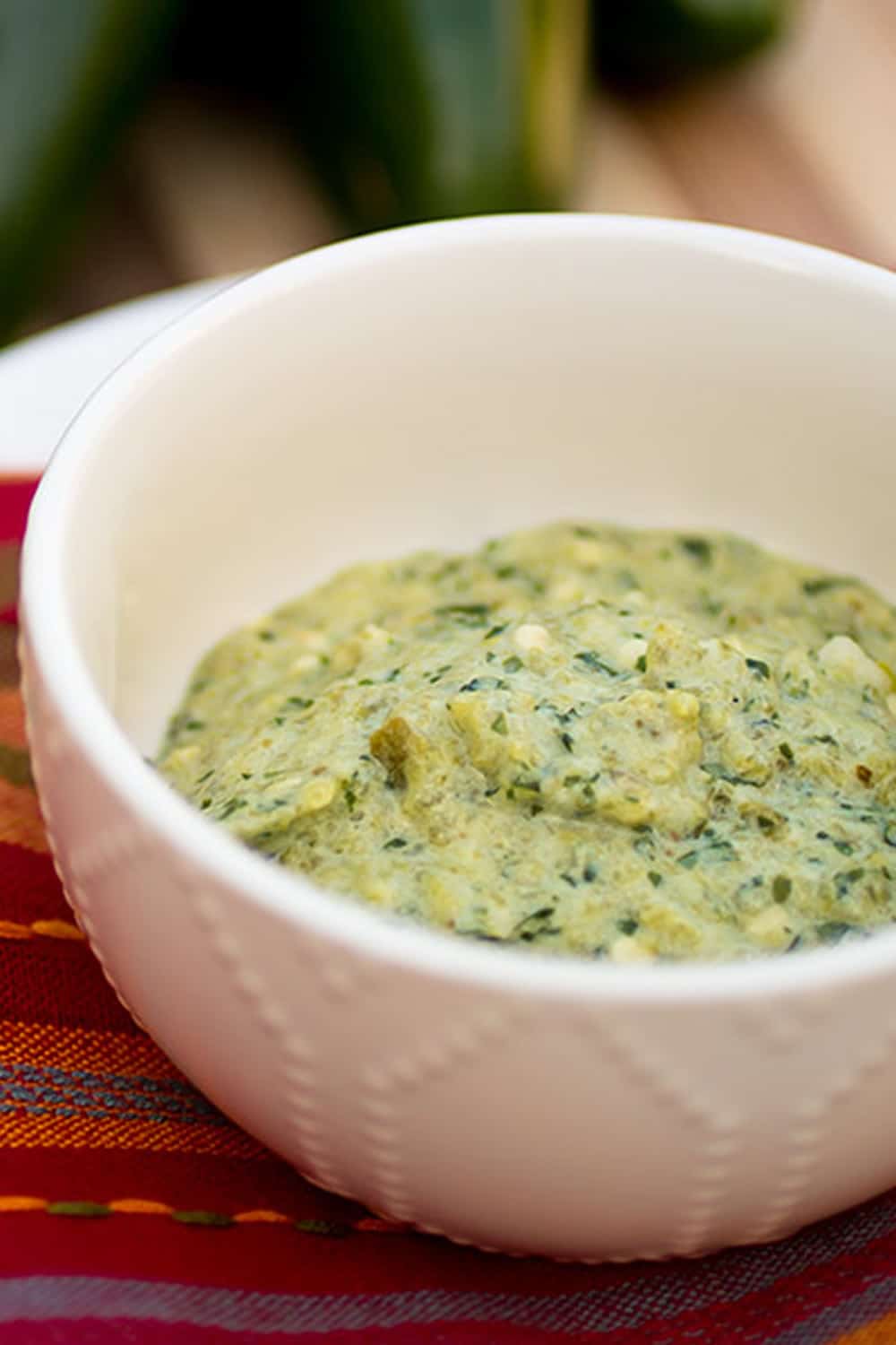 Roasted Jalapeno Pepper Sauce in a white bowl.