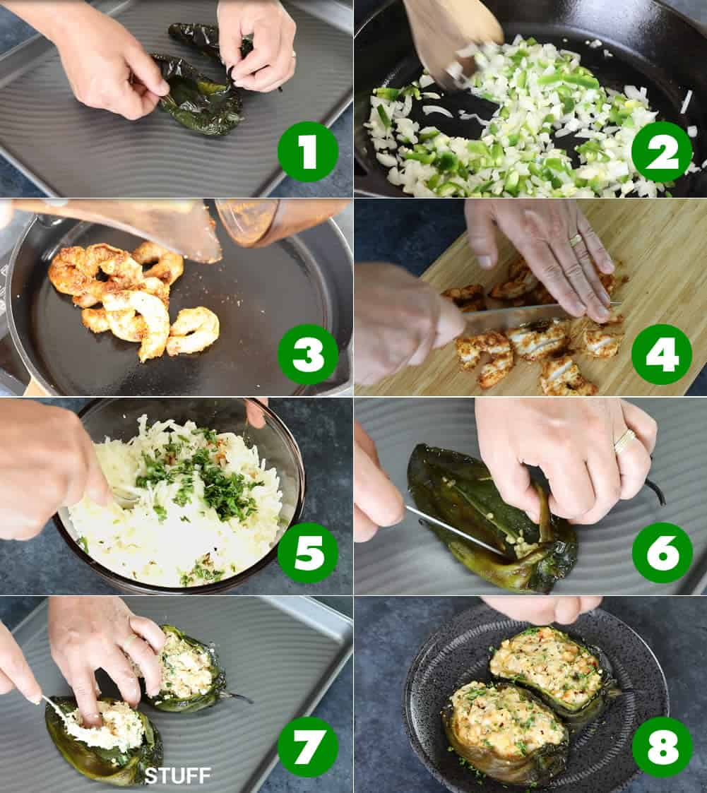 The process of making the Cajun Shrimp Stuffed Poblano Peppers