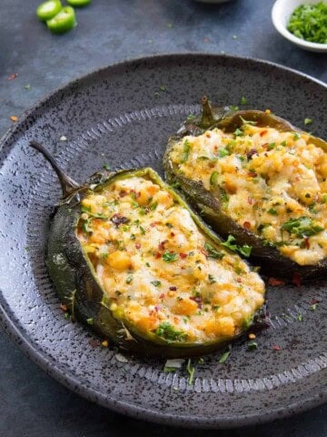 Cajun Shrimp Stuffed Poblano Peppers served on a plate