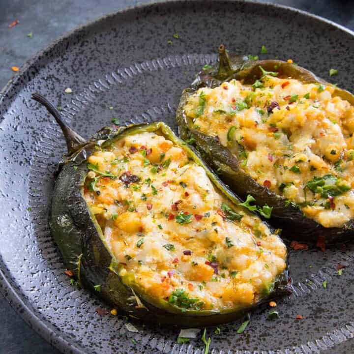 Cajun Shrimp Stuffed Poblano Peppers served on a plate