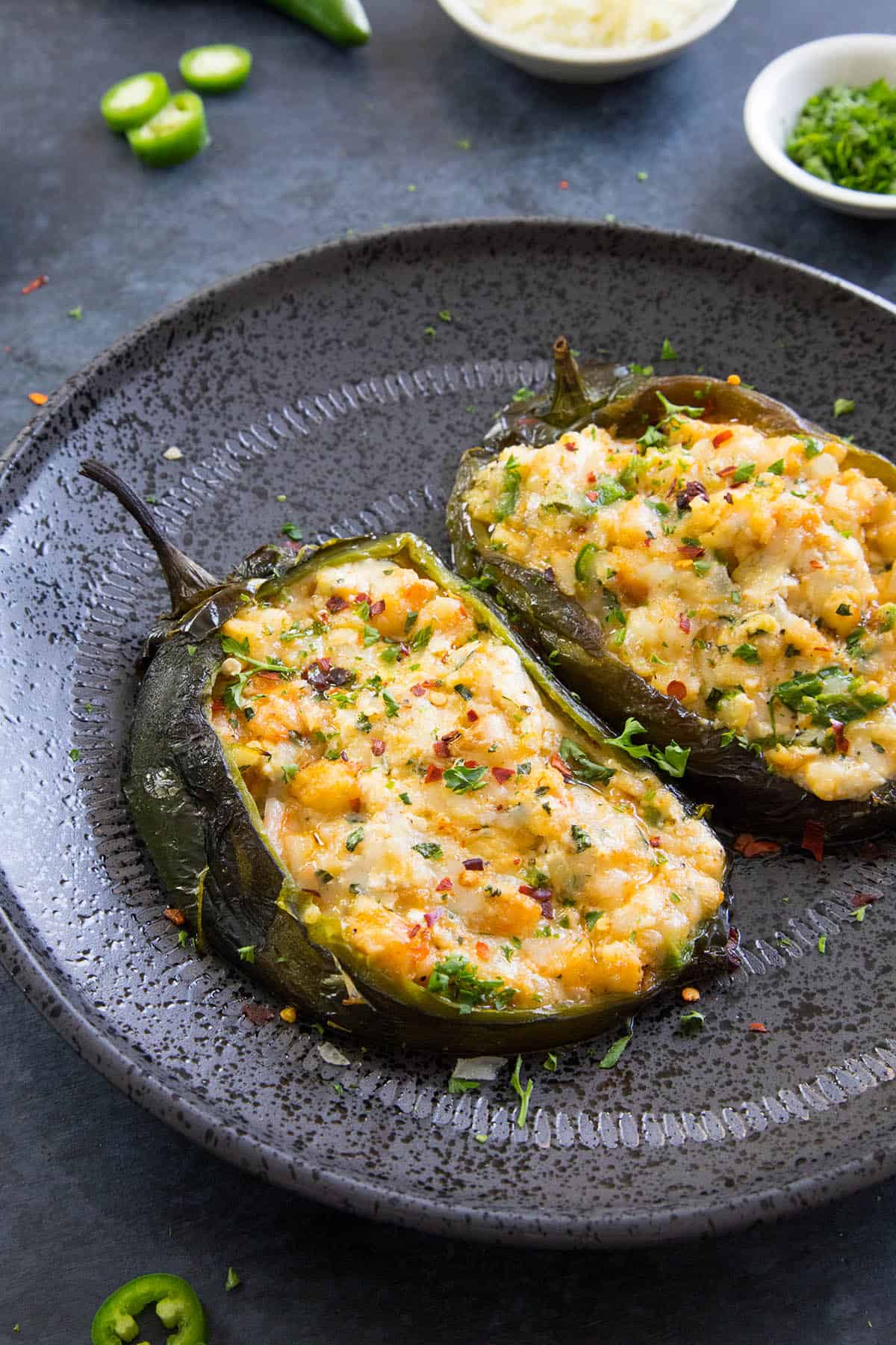 Cajun Shrimp Stuffed Poblano Peppers served on a plate