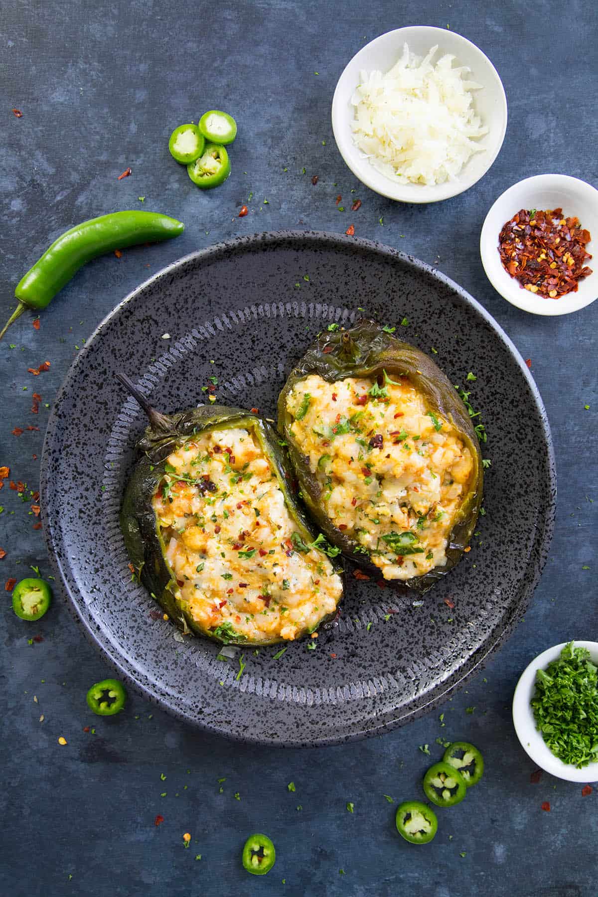 These Cajun Shrimp Stuffed Poblano Peppers are plated and ready to enjoy.