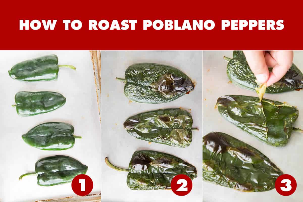 The process of roasting poblano peppers.