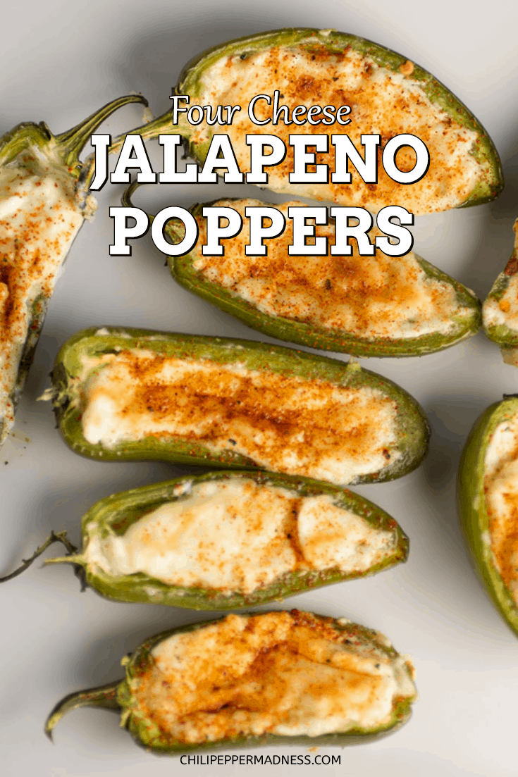 A recipe for jalapeno poppers stuffed with a mixture of four different cheeses for a decadent and delicious party favor or appetizer. Great for game day. #jalapenopoppers #jalapeno
