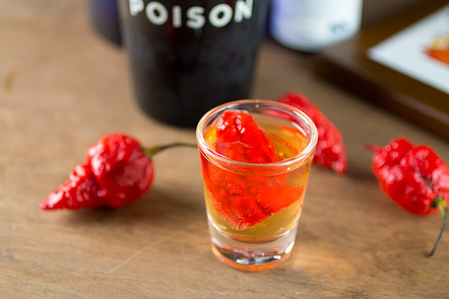 Scorpion Tongue Vodka Shot in a shot glass, very hot!