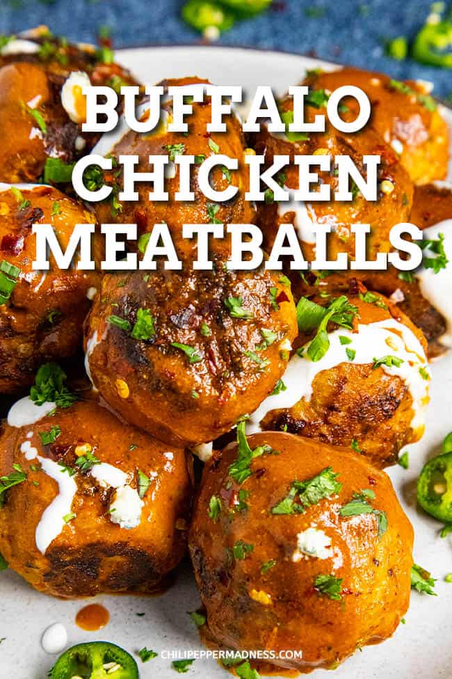 Buffalo Chicken Meatballs - These Buffalo chicken meatballs are perfectly spiced, drenched with a quick and easy Buffalo sauce, then topped with blue cheese crumbles. Delicious. #BuffaloSauce #BuffaloChicken #Appetizer