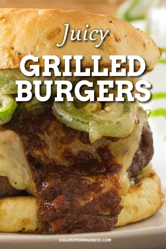 Juicy Grilled Burgers with BBQ Sauce - These juicy grilled burgers are homemade with hand-formed ground chuck beef, topped with spicy pepper jack cheese and tangy barbecue sauce. Better than any steakhouse! Here is the recipe. #burgers #grilling #beef