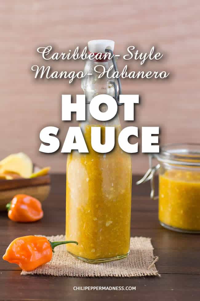 Caribbean-Style Mango-Habanero Hot Sauce - Homemade hot sauce! We\'re going Caribbean with this recipe, bringing in flaming habanero peppers, velvety mango, vinegar, honey, allspice and more. Drizzle it over chicken, shrimp or fish. Love it. It\'s a way of life. | ChiliPepperMadness.com #HotSauce #Caribbean #Mango #Habanero