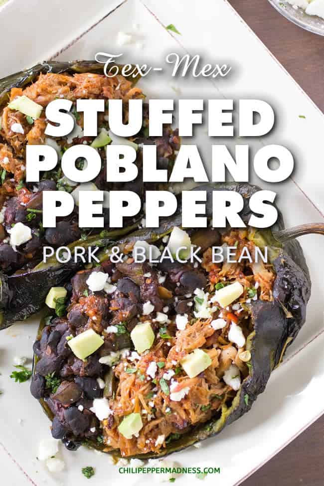 Tex-Mex Chipotle Pork and Black Bean Stuffed Poblano Peppers - A recipe for mild poblano peppers, roasted and peeled, then stuffed with seasoned pulled pork, black beans and chipotle peppers in adobo, topped with cheese and avocado. Bring on the stuffed peppers! | ChiliPepperMadness.com #TexMex #StuffedPeppers #StuffedPoblanos #SpicyFood #Dinner