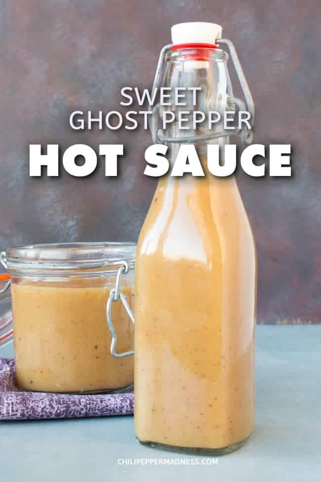 Sweet Ghost Pepper-Pineapple-Pear Hot Sauce - Make your own sweet and VERY spicy hot sauce at home with this recipe, which includes flaming ghost pepper chiles, sweet pineapple, pear, honey and seasonings. Ideal for pork, duck, or chicken. | ChiliPepperMadness.com #HotSauce #Pineapple #Pear #GhostPepper #SpicyFood