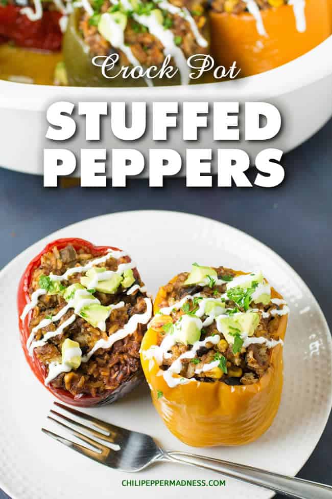 Crock Pot Stuffed Peppers – Mexican Style - A recipe for colorful bell peppers cooked slow in a crock pot or slow cooker, stuffed with Mexican style ingredients including seasoned ground beef, rice, black beans and queso blanco. Super easy. | ChiliPepperMadness.com #StuffedPeppers #Crockpot #SlowCooker #Dinner #DinnerIdeas #SpicyFood