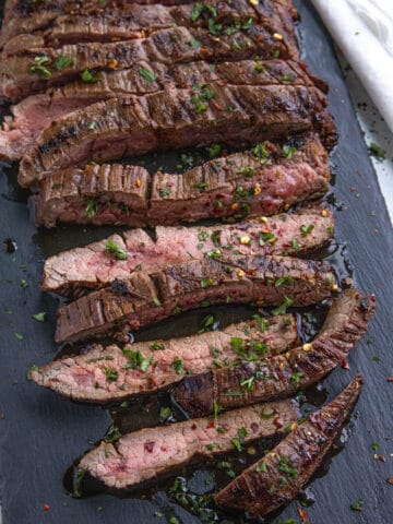 Sliced marinated flank steak