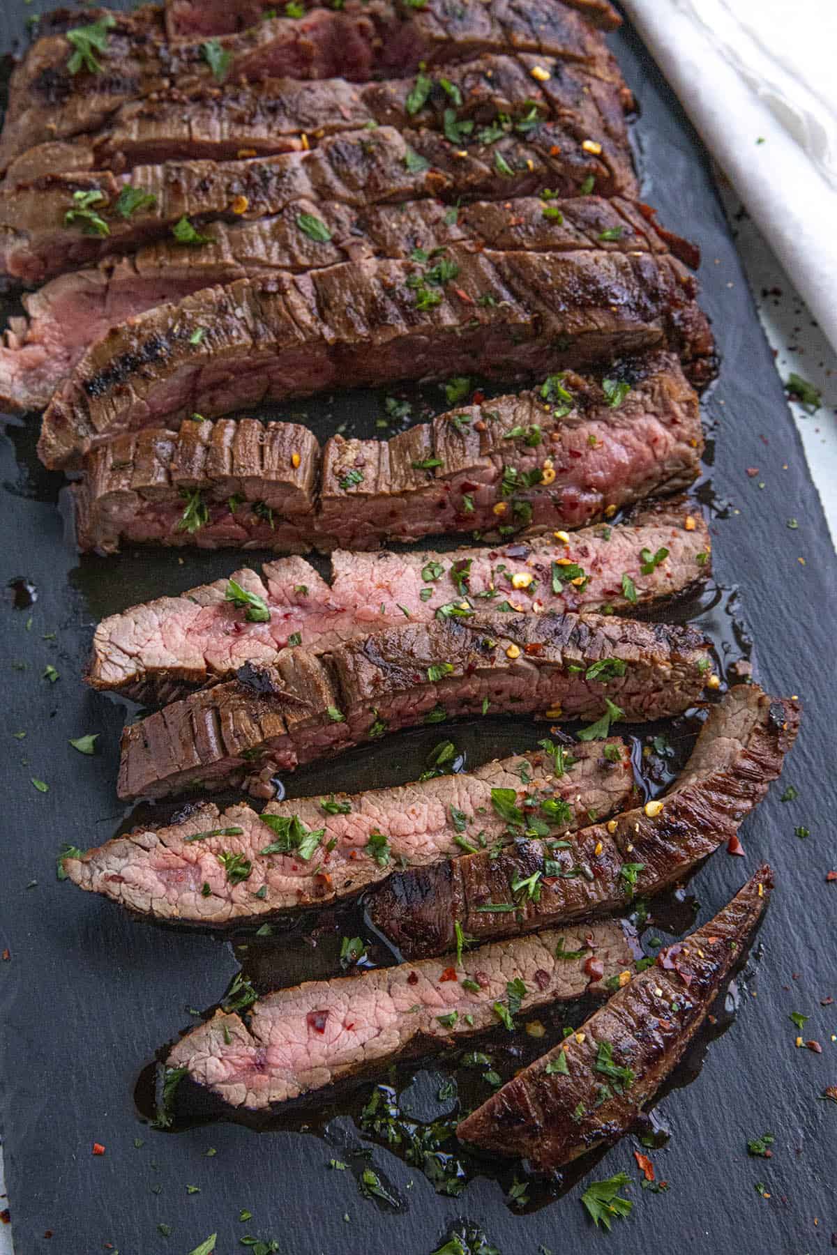 Sliced marinated flank steak