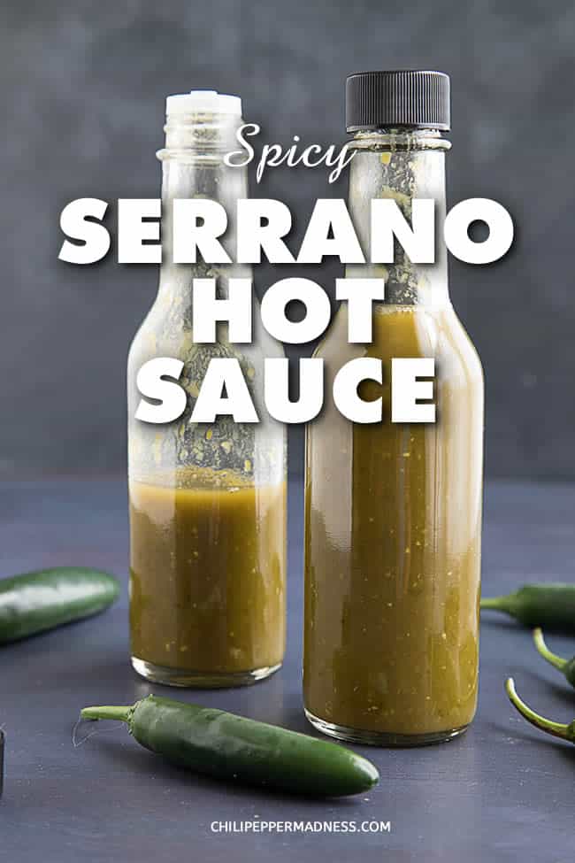 icy Serrano Hot Sauce Recipe - This hot sauce recipe uses serrano peppers that have been fermented, then processed with vinegar, garlic, tequila and lime juice. It is juicy, tart and just the right amount of spicy. | ChiliPepperMadness.com #HotSauce #Recipe #Serrano #Peppers #SpicyFood