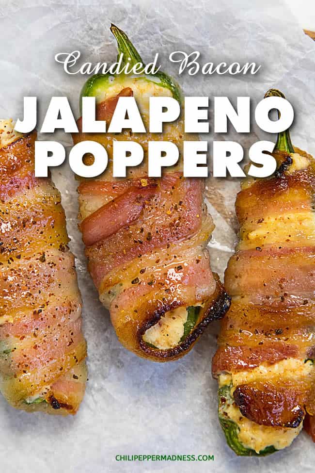 Candied Bacon Jalapeno Poppers - You need this recipe for your next game day gathering or party, with jalapeno peppers stuffed with cheese, then wrapped with candied bacon. The perfect bite, sweet and spicy. | ChiliPepperMadness.com #Poppers #JalapenoPoppers #Appetizer #PartyFood #SpicyFood #Bacon