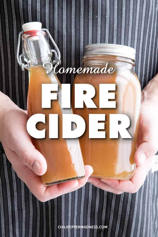 Homemade Fire Cider - Learn how to make your own homemade fire cider, a healthy folk remedy that aids digestion and helps ward off the flu and the common cold, among other health benefits. Here is the recipe. | ChiliPepperMadness.com #FireCider #OldRemedy #FolkRemedy #FolkMedicine #HerbalRemedy