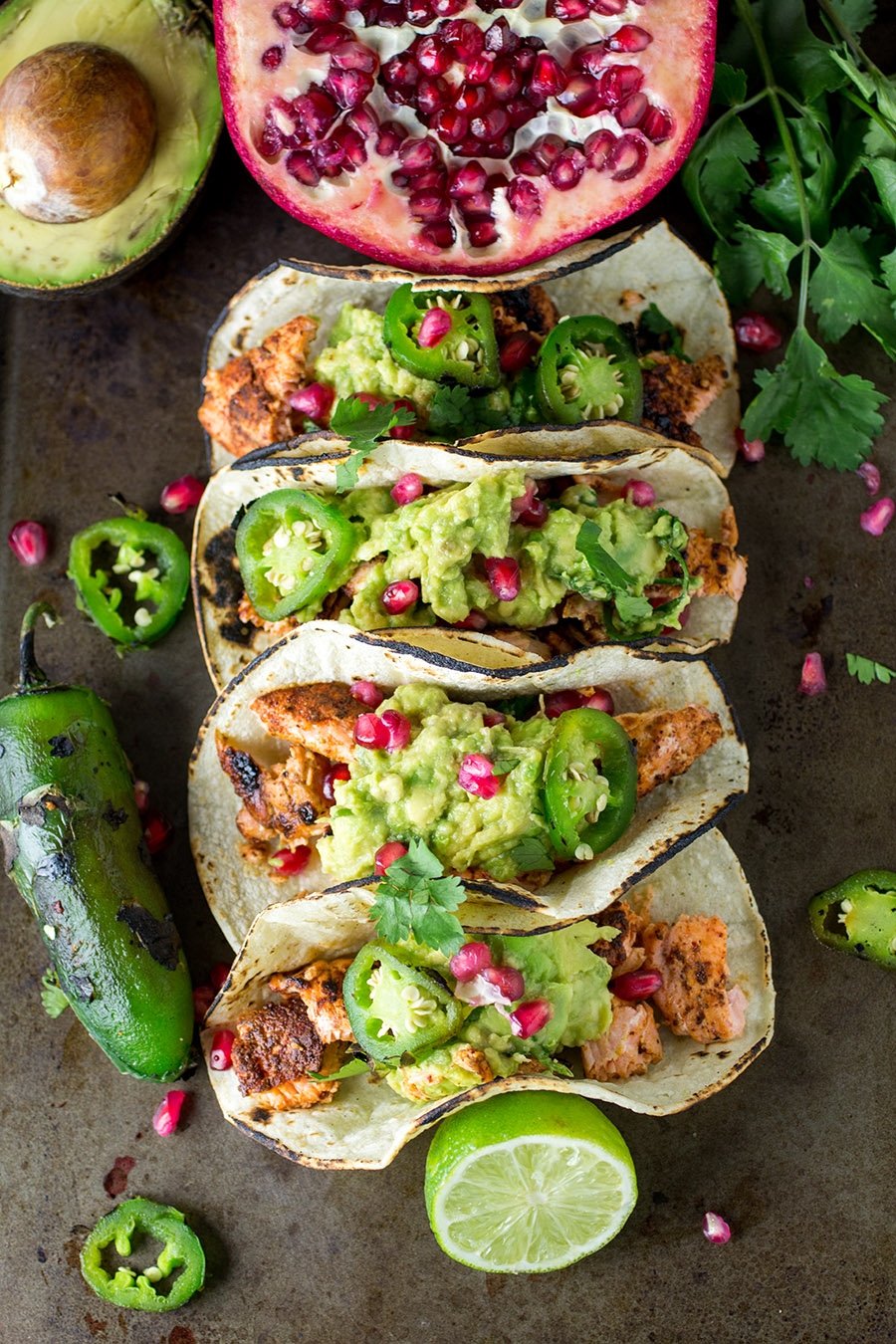 salmon tacos with pomegranate guacamole