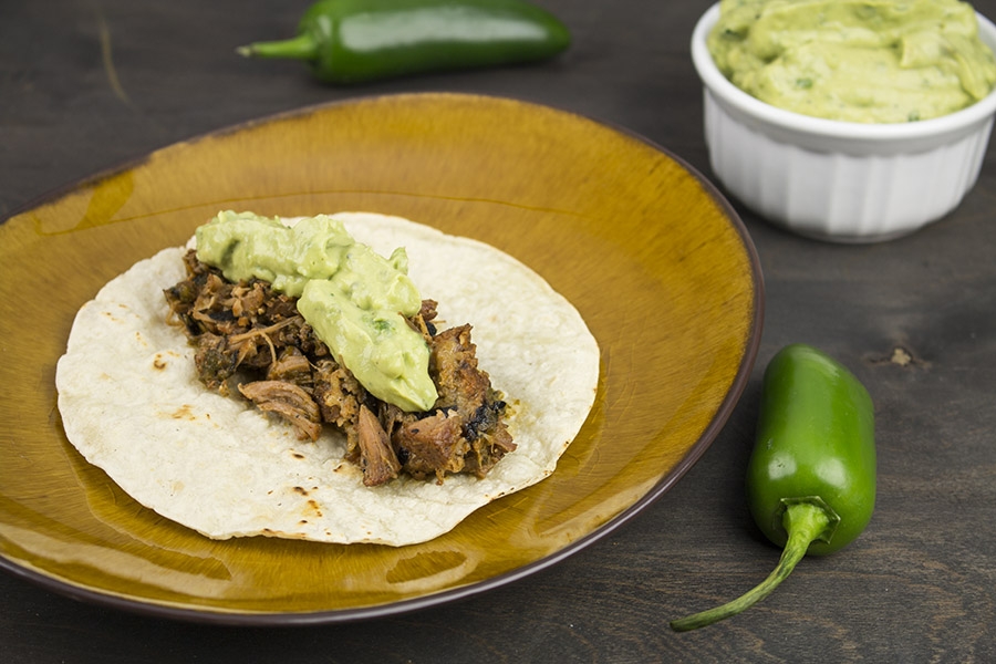 roasted poblano pork tacos with creamy guacamole – pork carnitas