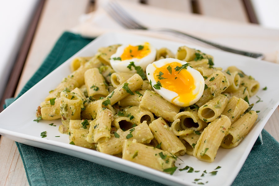 pesto pasta with soft boiled egg