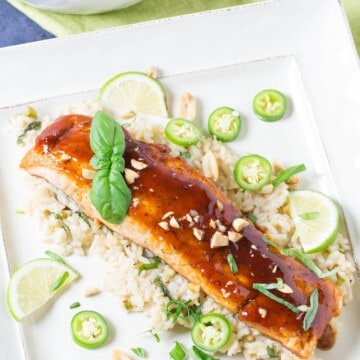 Szechuan Salmon With Chili-Basil Rice ready and served