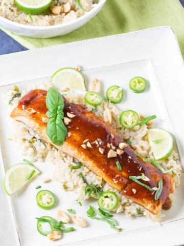Szechuan Salmon With Chili-Basil Rice ready and served