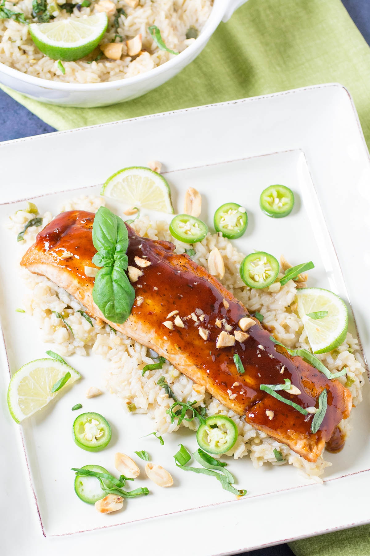 Szechuan Salmon With Chili-Basil Rice ready and served