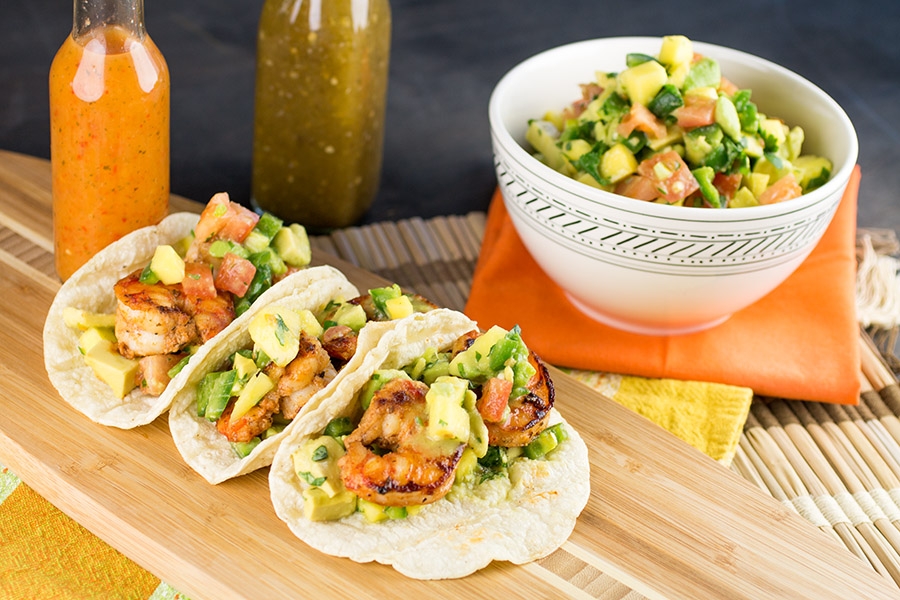 shrimp tacos with fresh mango-avocado salsa