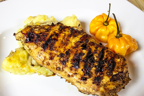 jamaican jerk chicken with coconut potato mash, both with scotch bonnet chili peppers