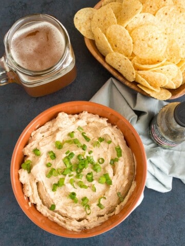 Spicy Beer Dip served with chips.