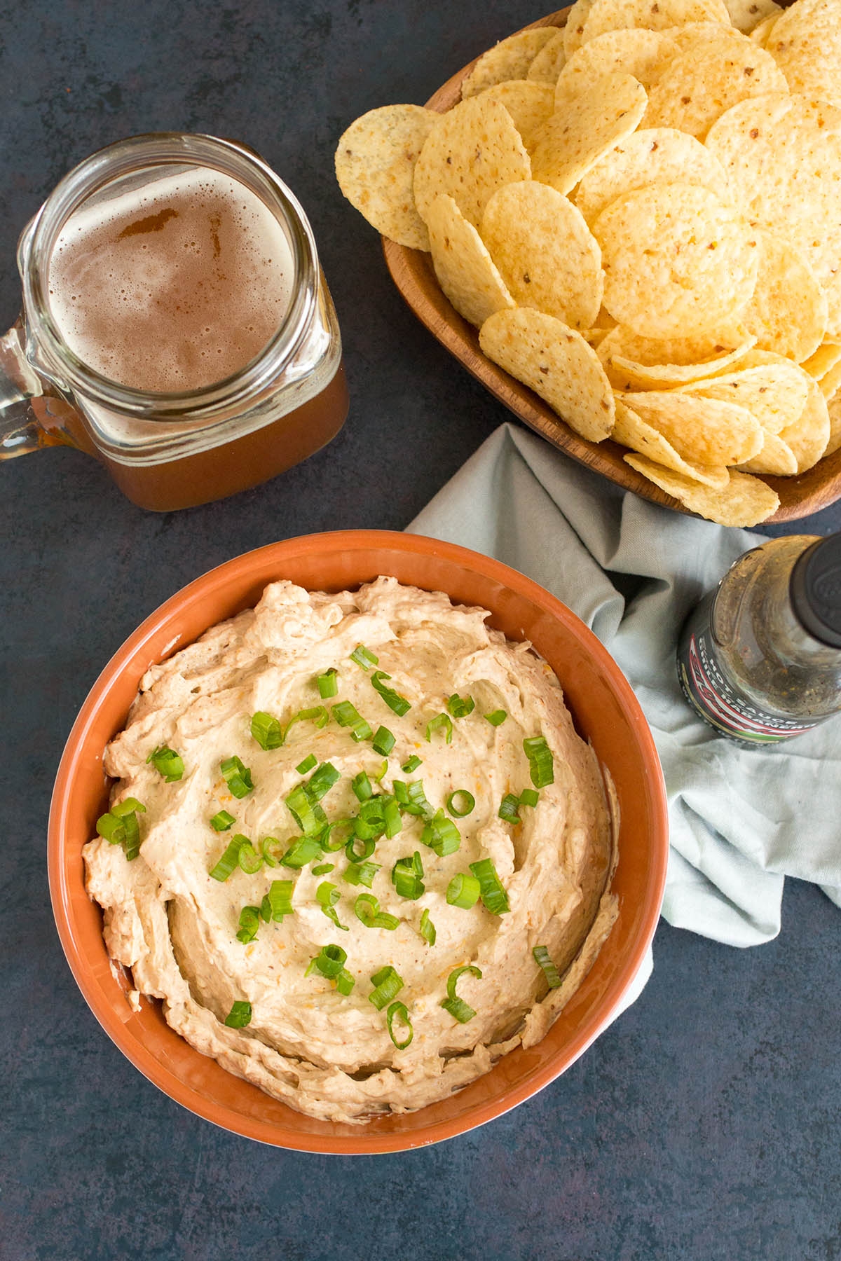 Spicy Beer Dip served with chips.