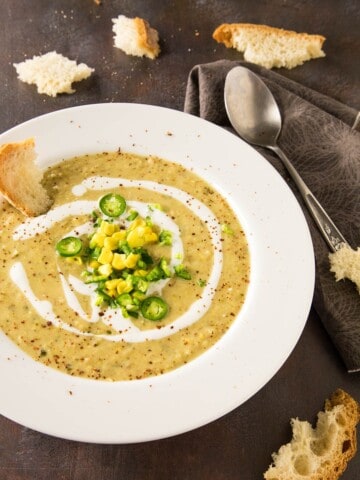 Sweet Pepper Corn Chowder served in a white plate.