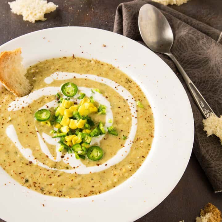 Sweet Pepper Corn Chowder served in a white plate.