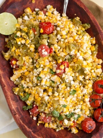 Charred Corn Salad with Hatch Green Chiles made and served at home