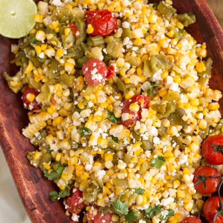 Charred Corn Salad with Hatch Green Chiles made and served at home