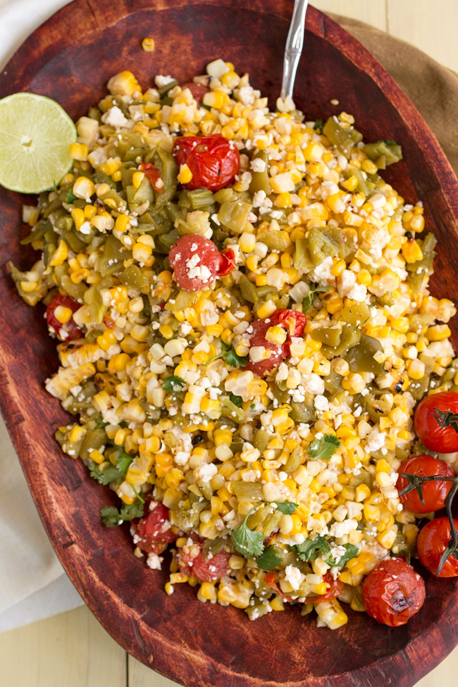 Charred Corn Salad with Hatch Green Chiles made and served at home