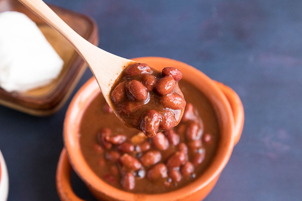 A spoonful of the delicious Brooks Chili Beans.