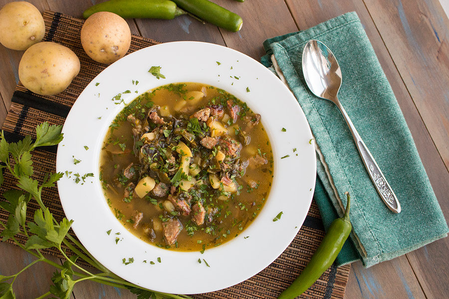 Beer Brat Soup with Potatoes, Peppers and Swiss Chard – Recipe