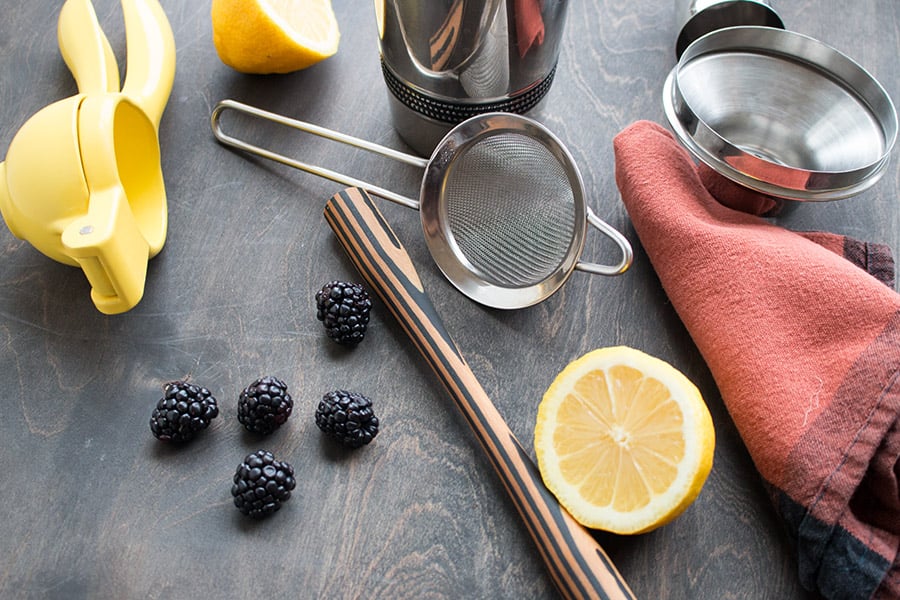 Blackberry Elderflower Cocktail ingredients on the table