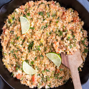 Cajun Cauliflower Rice served in a big skillet