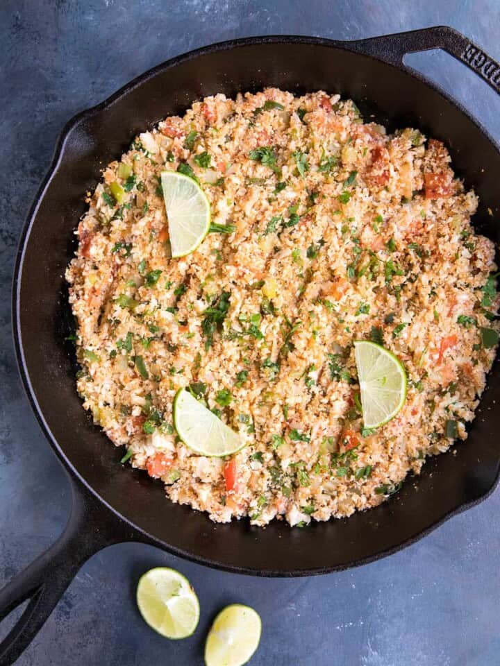 Cajun Cauliflower Rice served in a skillet
