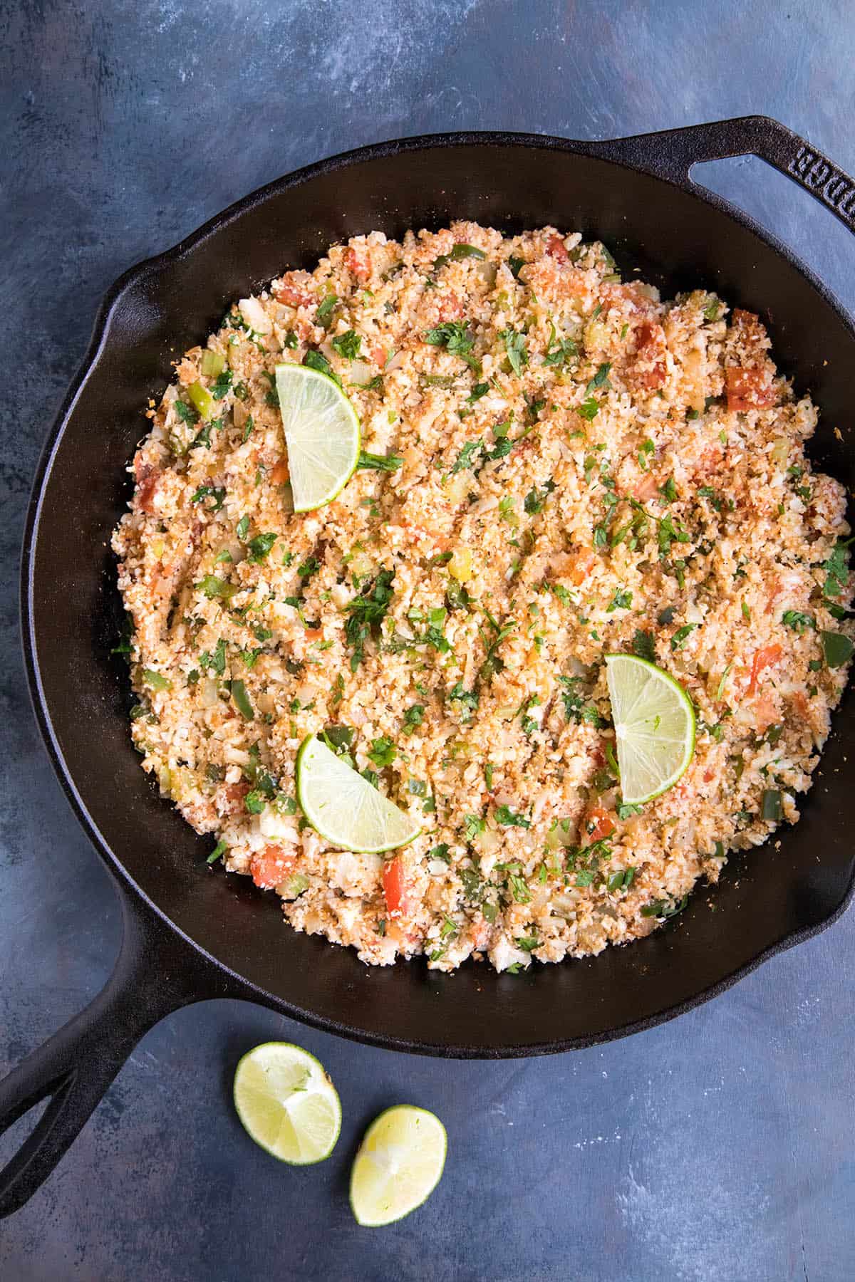 Cajun Cauliflower Rice served in a skillet