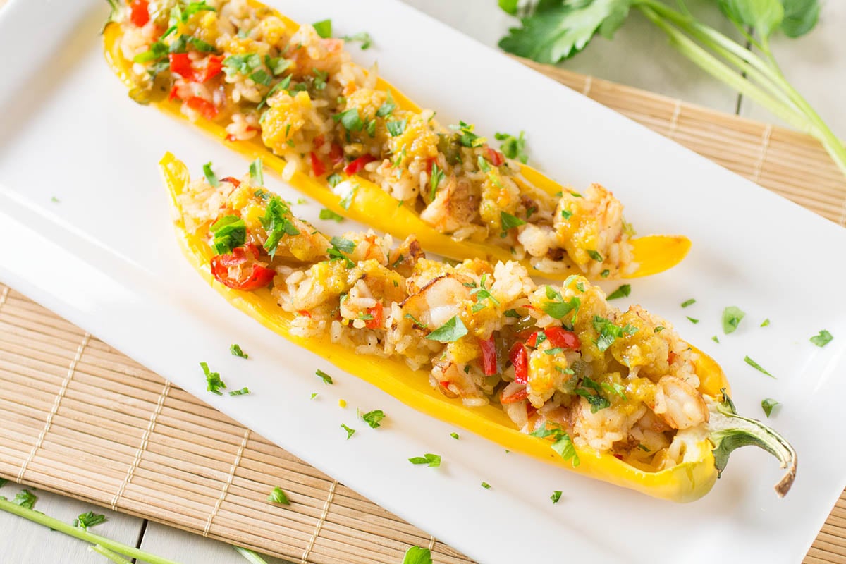 Caribbean Coconut Rice and Shrimp Stuffed Peppers ready