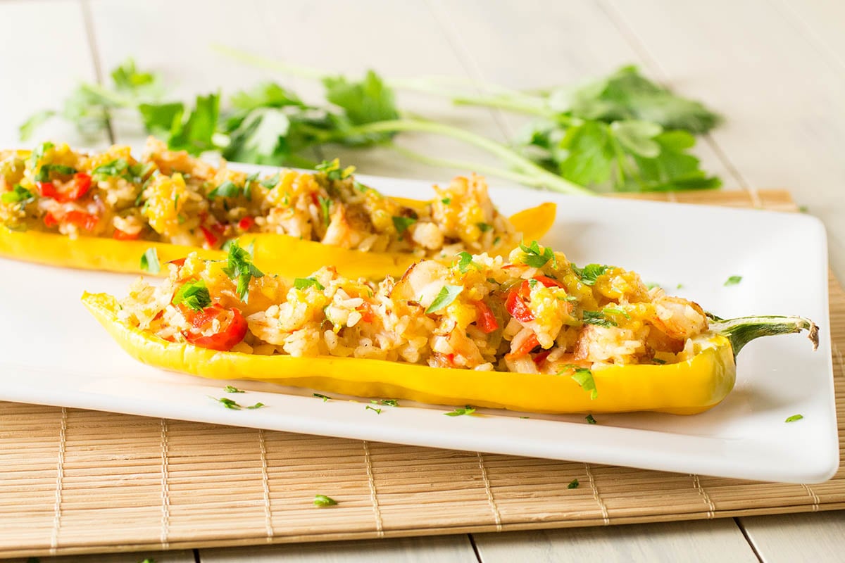 Caribbean Coconut Rice and Shrimp Stuffed Peppers served