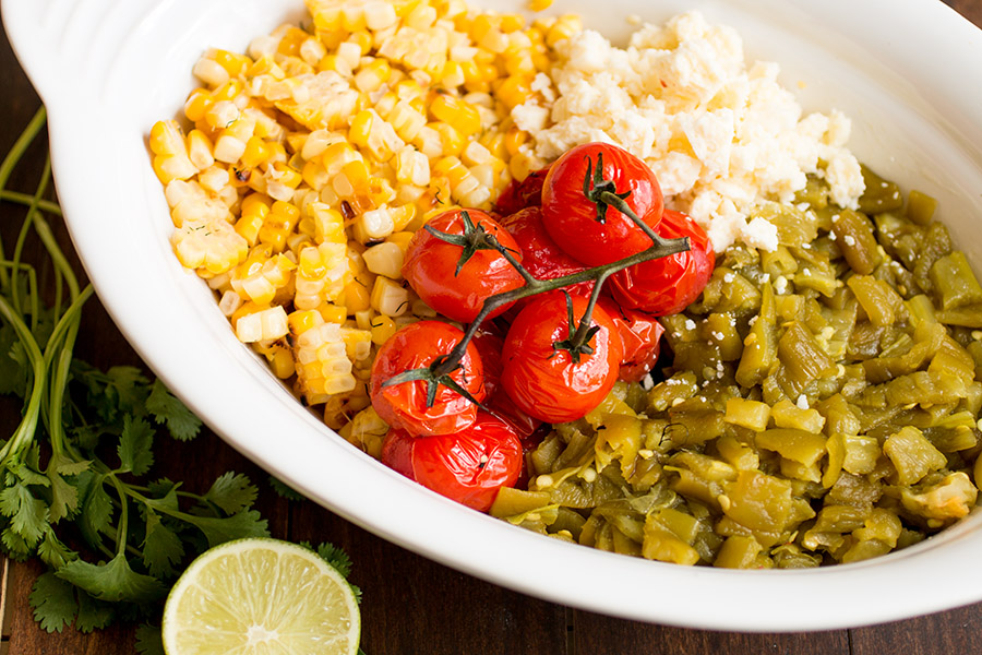 Making homemade Charred Corn Salad with Hatch Green Chiles