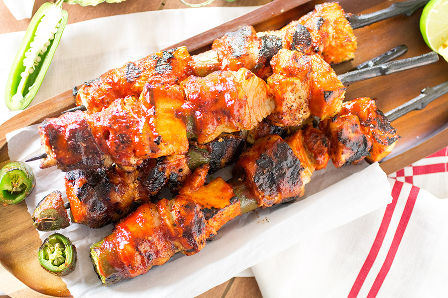 Chicken and Pork BBQ Skewers with Honey-Sriracha Glaze – Recipe