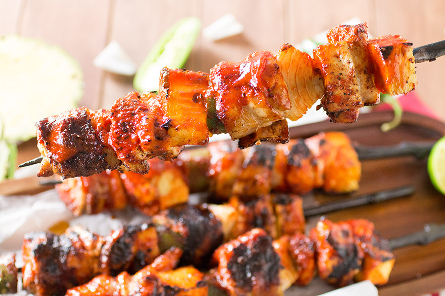 Chicken and Pork BBQ Skewers with Honey-Sriracha Glaze – Recipe